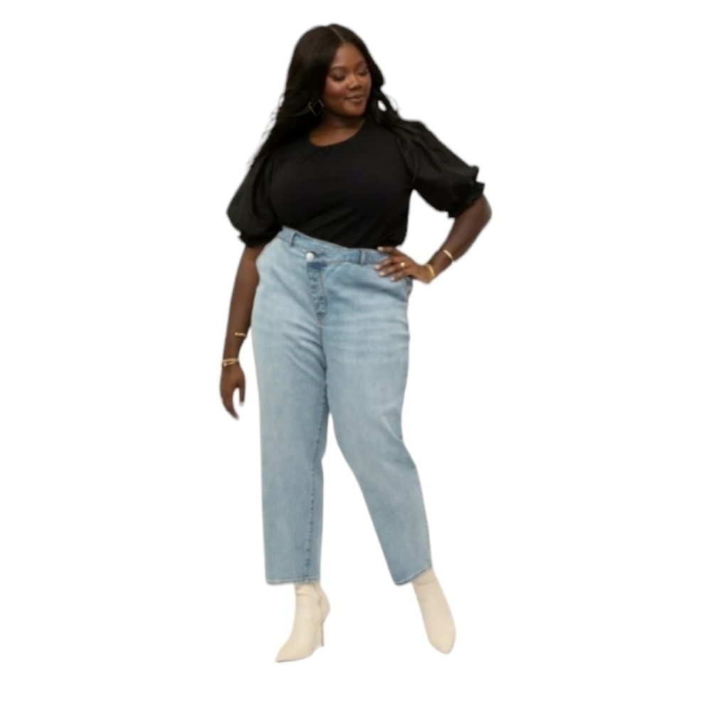 ELOQUII Baggy Straight Plus Asymmetrical Waist Ankle Denim Pants Jeans Size 14